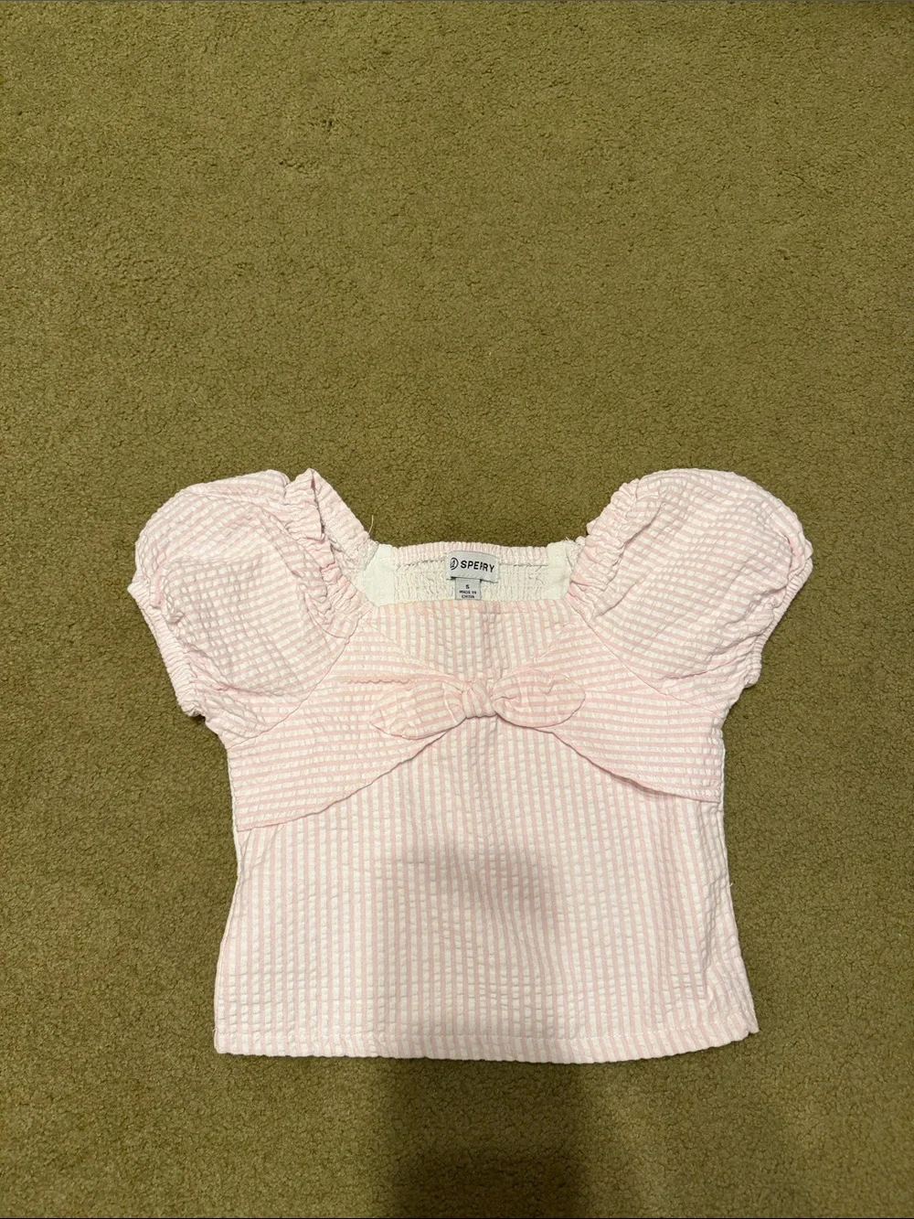 Sperry Light Pink Seersucker Puff Sleeve Top with Bow and Skirt Set